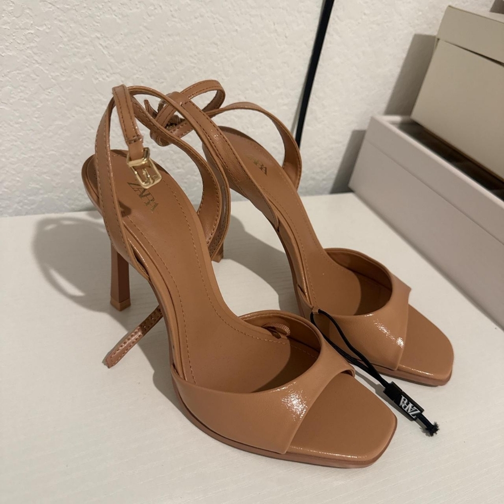 Zara Tan and Brown Ankle Strap Square Toe Heels